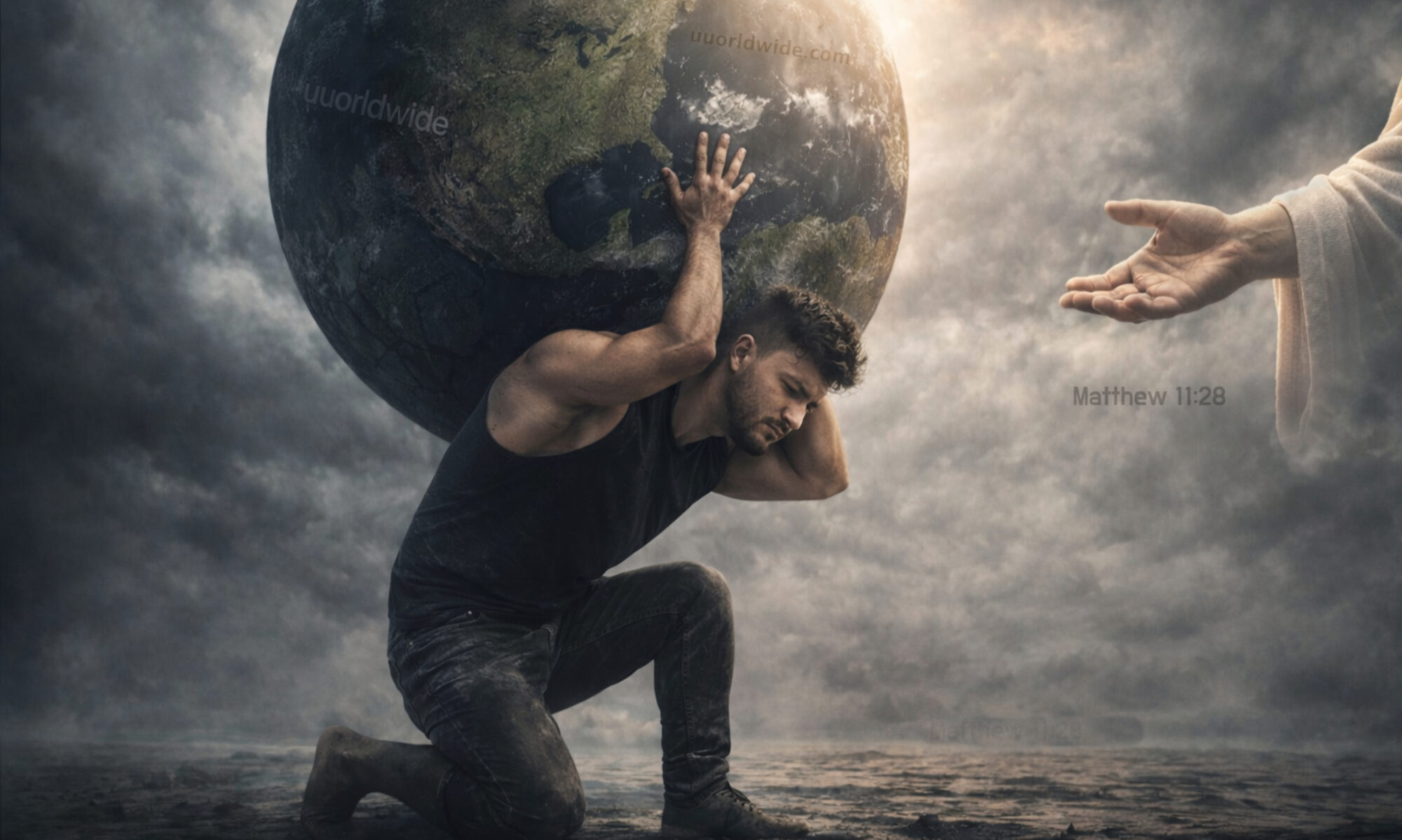 Man carrying weight of the world on his shoulders, Jesus helping